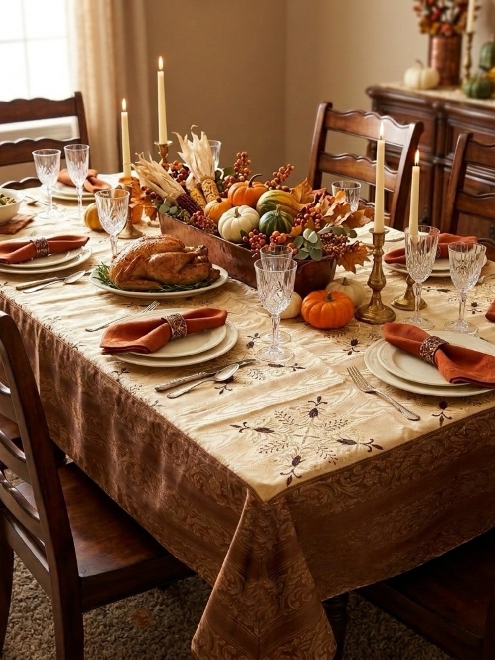 Embroidered Jacquard Tablecloth 96" x 72" Gold Brown Damask Thanksgiving Autumn